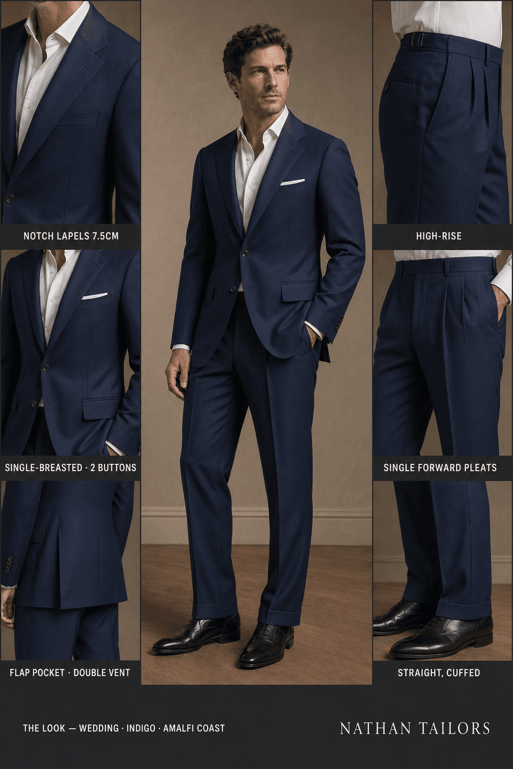 indigo single-breasted notch-lapel online custom suit — designed online at RemoteSuit. Made-to-measure online custom suit available from $109.