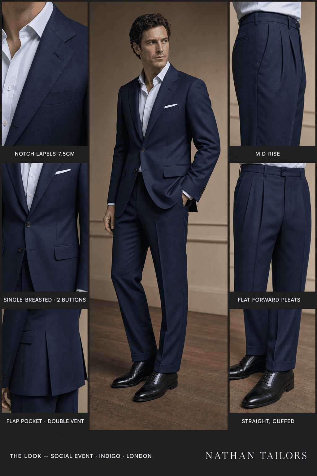 indigo single-breasted notch-lapel online custom suit — designed online at RemoteSuit. Made-to-measure online custom suit available from $109.