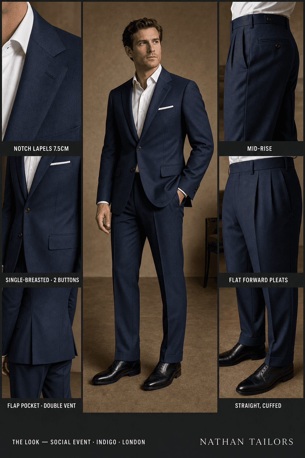 indigo single-breasted notch-lapel online custom suit — designed online at RemoteSuit. Made-to-measure online custom suit available from $109.