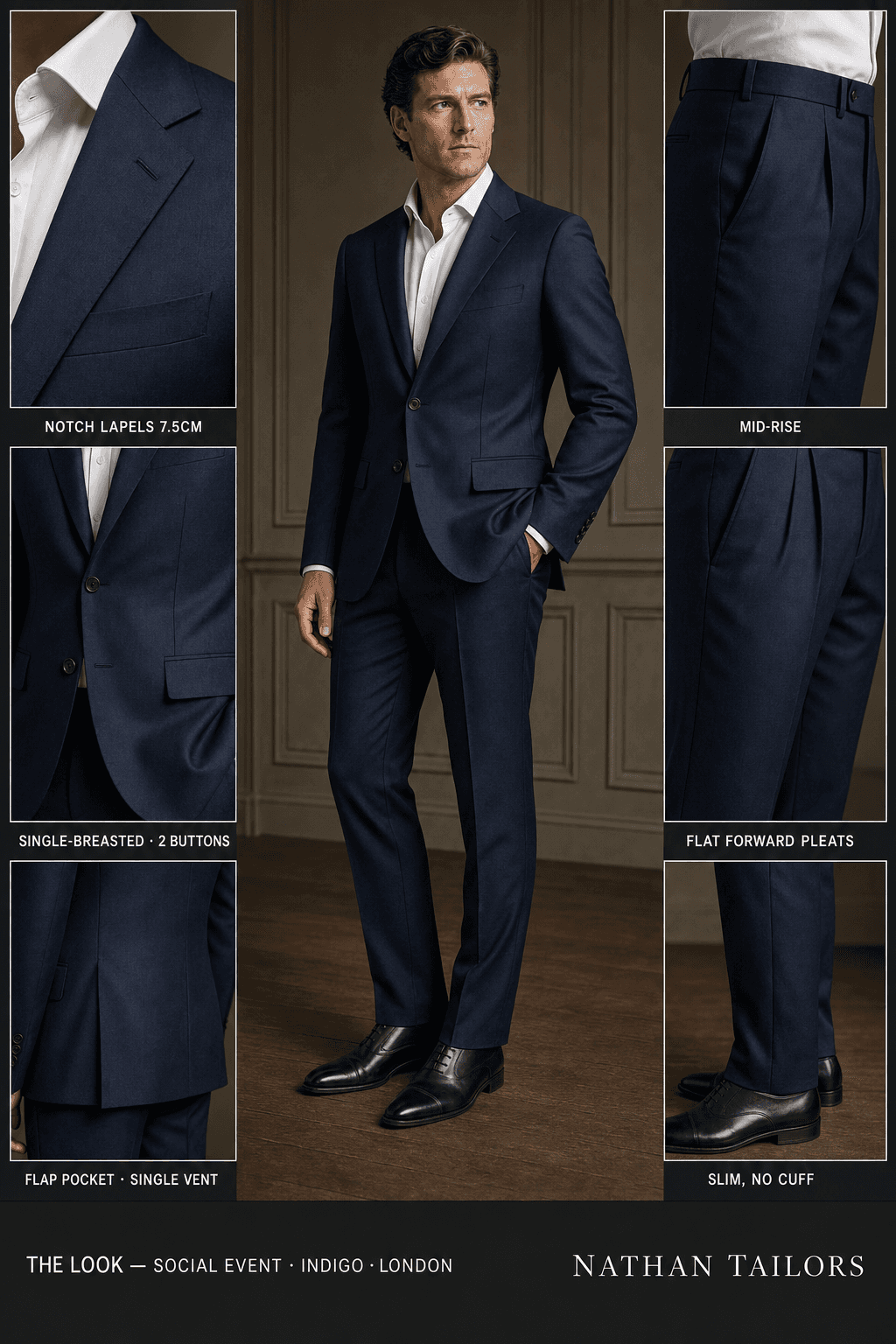 indigo single-breasted notch-lapel online custom suit — designed online at RemoteSuit. Made-to-measure online custom suit available from $109.