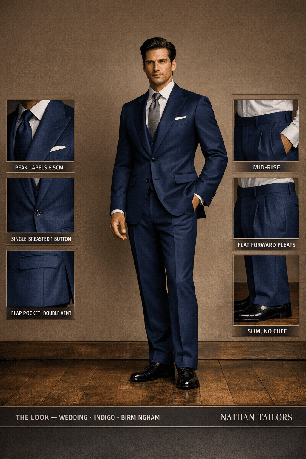 indigo single-breasted peak-lapel online custom suit — designed online at RemoteSuit. Made-to-measure online custom suit available from $109.