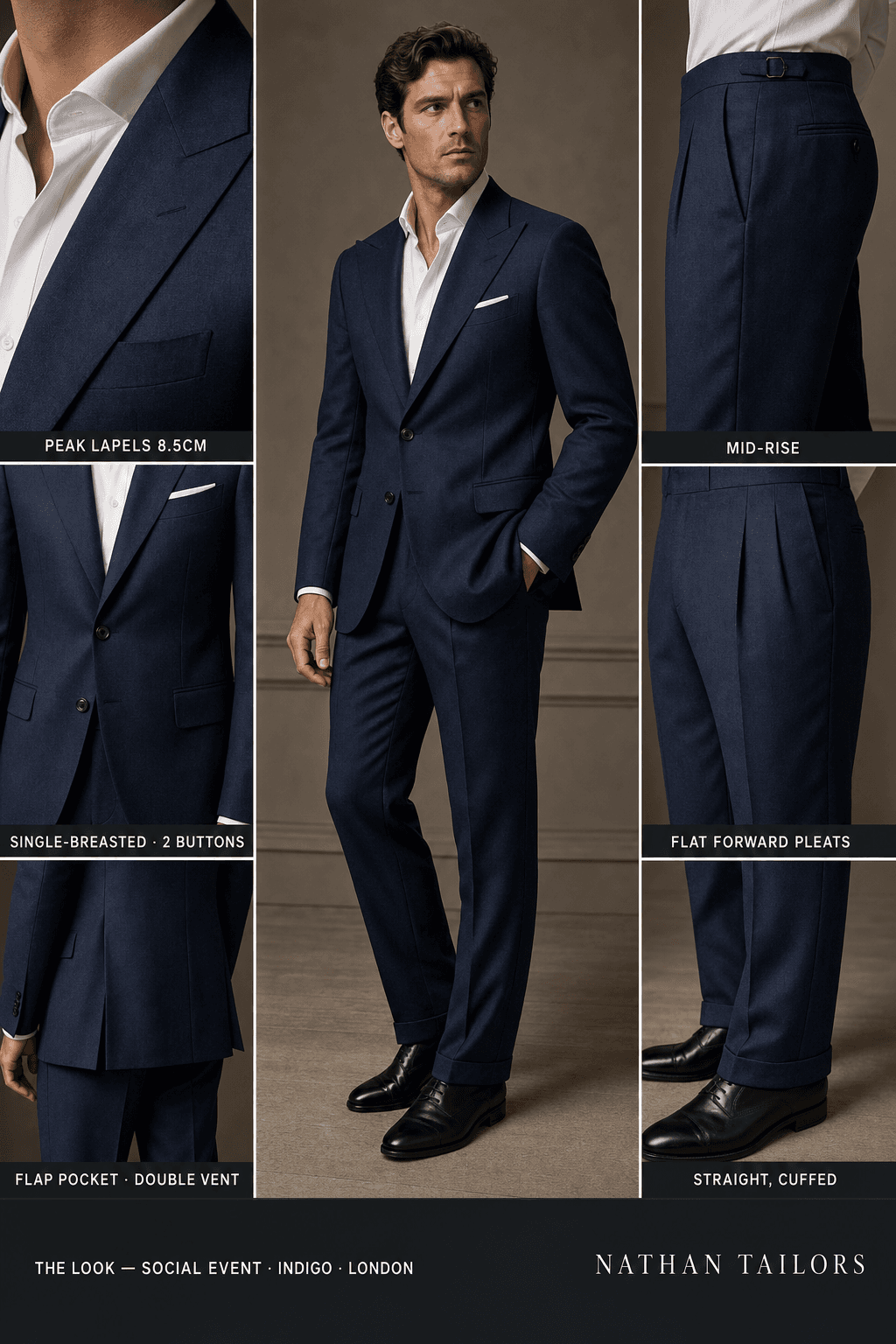 indigo single-breasted peak-lapel online custom suit — designed online at RemoteSuit. Made-to-measure online custom suit available from $109.