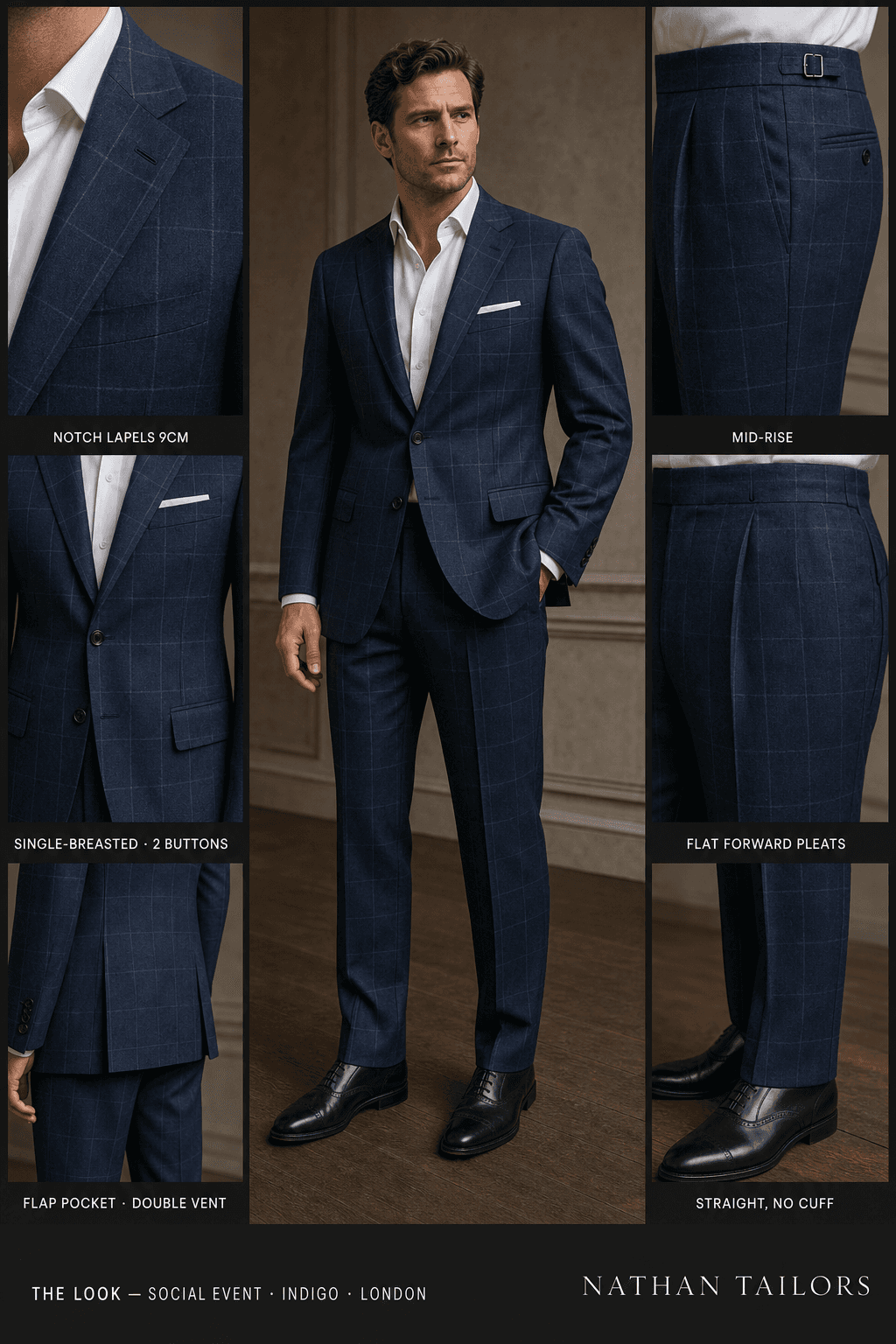 indigo windowpane single-breasted notch-lapel online custom suit — designed online at RemoteSuit. Made-to-measure online custom suit available from $109.
