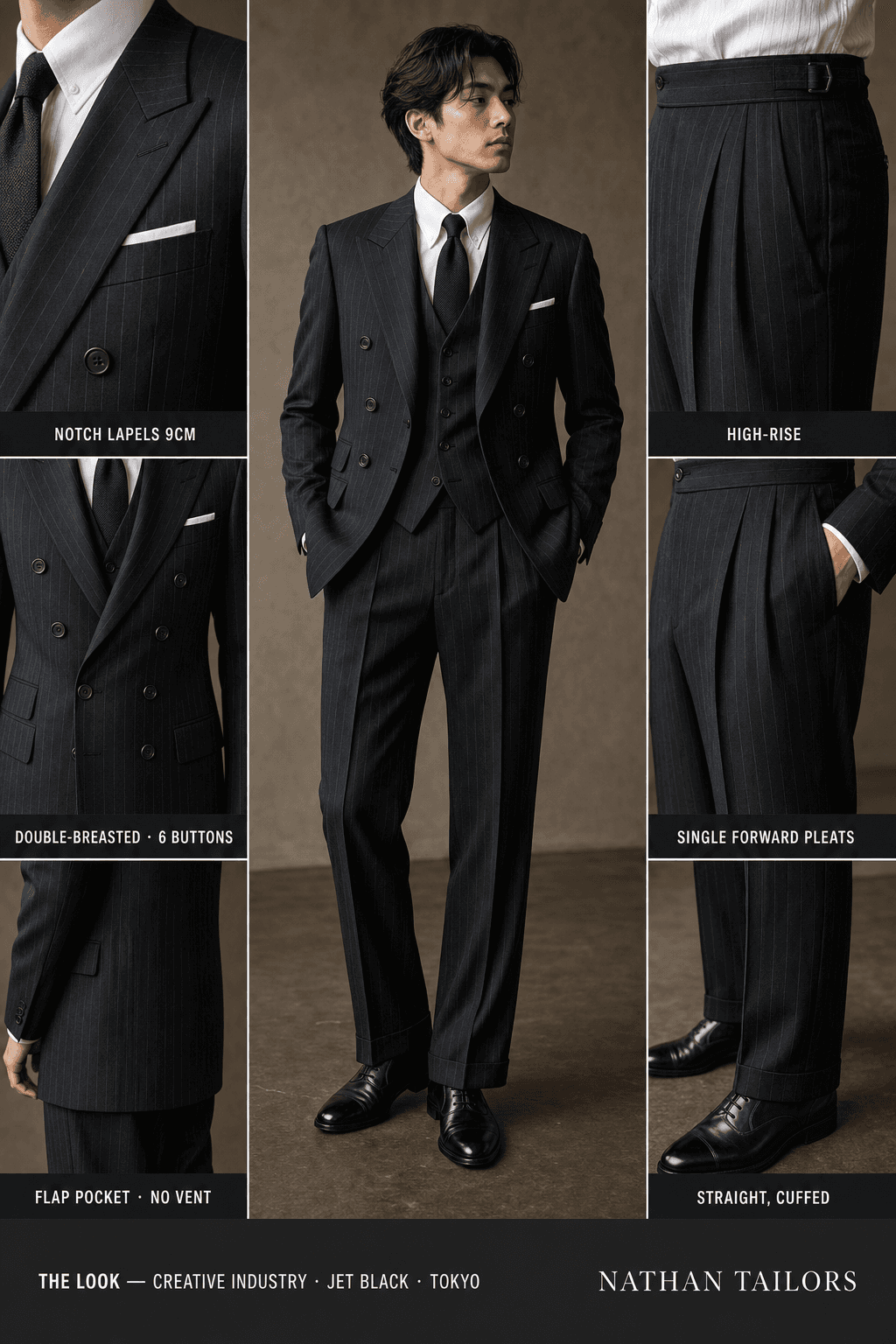 jet black chalk stripe double-breasted notch-lapel online custom suit — designed online at RemoteSuit. Made-to-measure online custom suit available from $109.