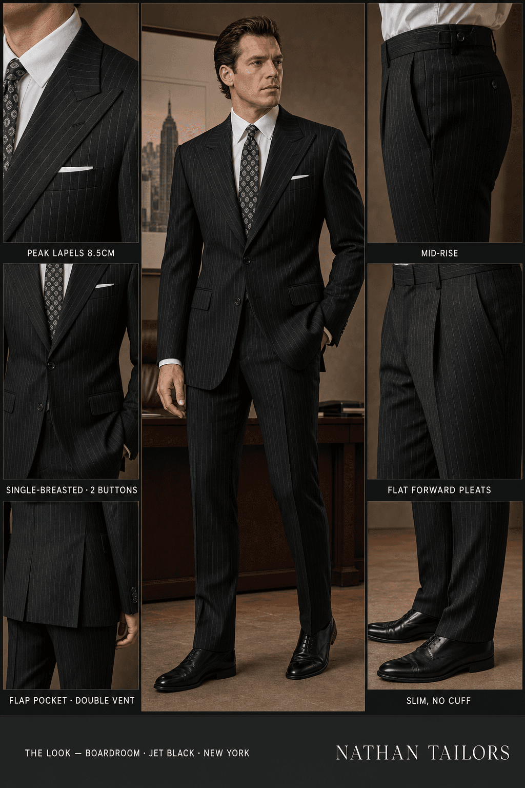 jet black chalk stripe single-breasted peak-lapel online custom suit — designed online at RemoteSuit. Made-to-measure online custom suit available from $109.