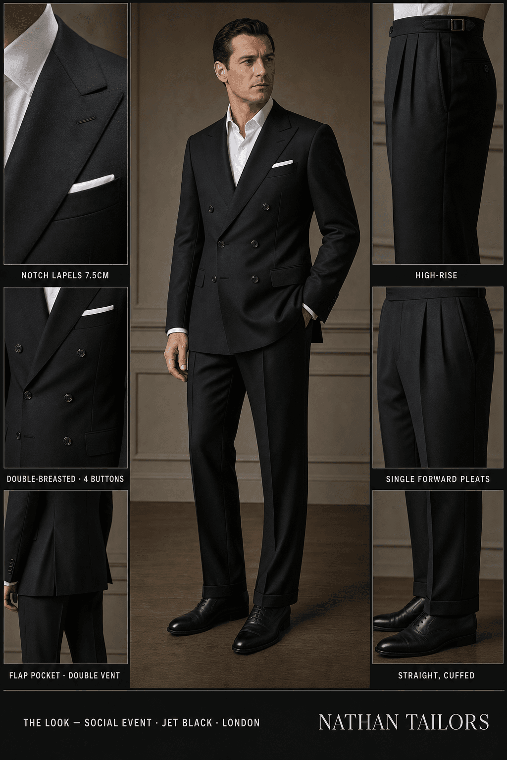 jet black double-breasted notch-lapel online custom suit — designed online at RemoteSuit. Made-to-measure online custom suit available from $109.