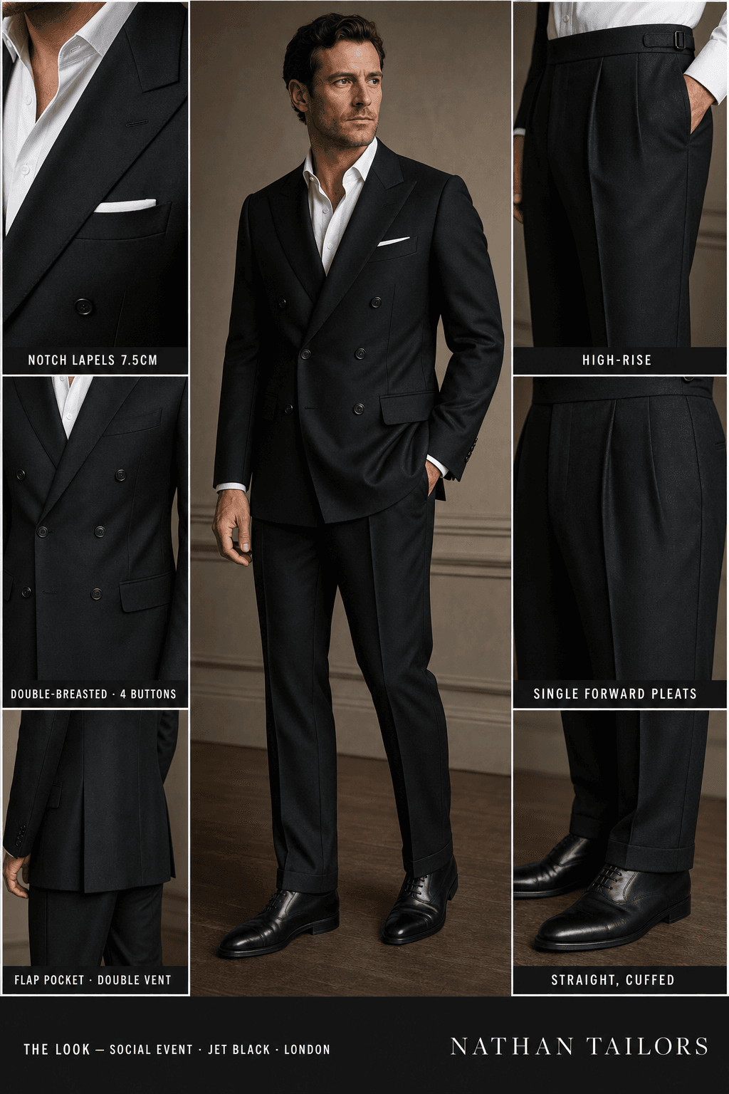 jet black double-breasted online custom suit — designed at RemoteSuit, made to measure online