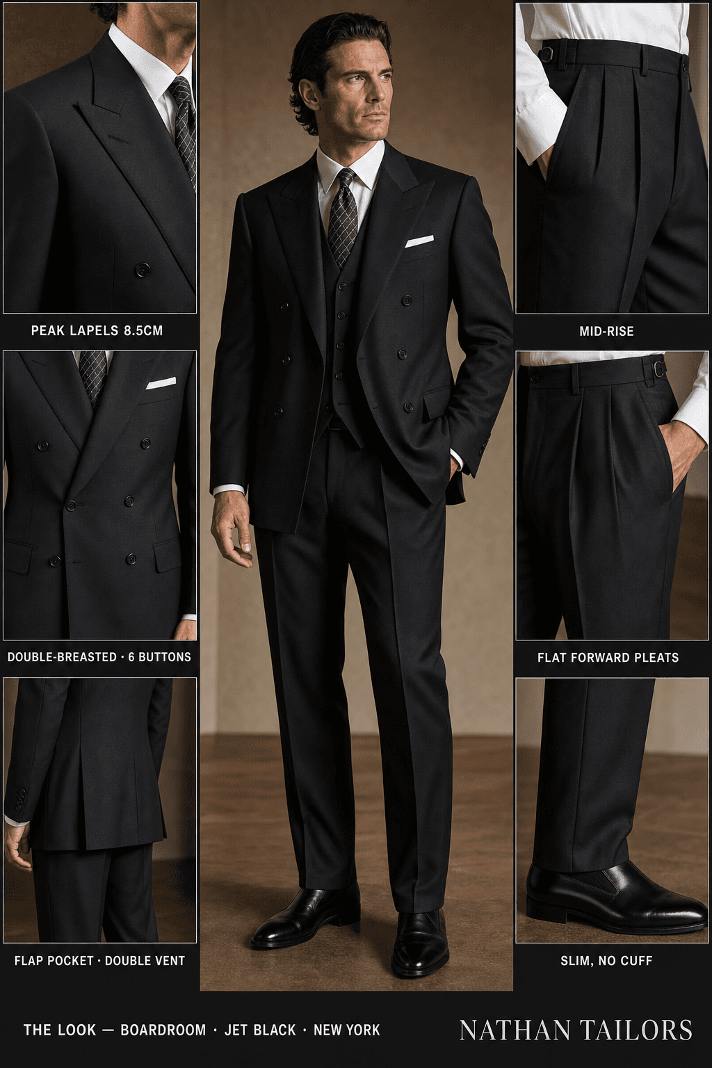 jet black double-breasted peak-lapel online custom suit — designed online at RemoteSuit. Made-to-measure online custom suit available from $109.