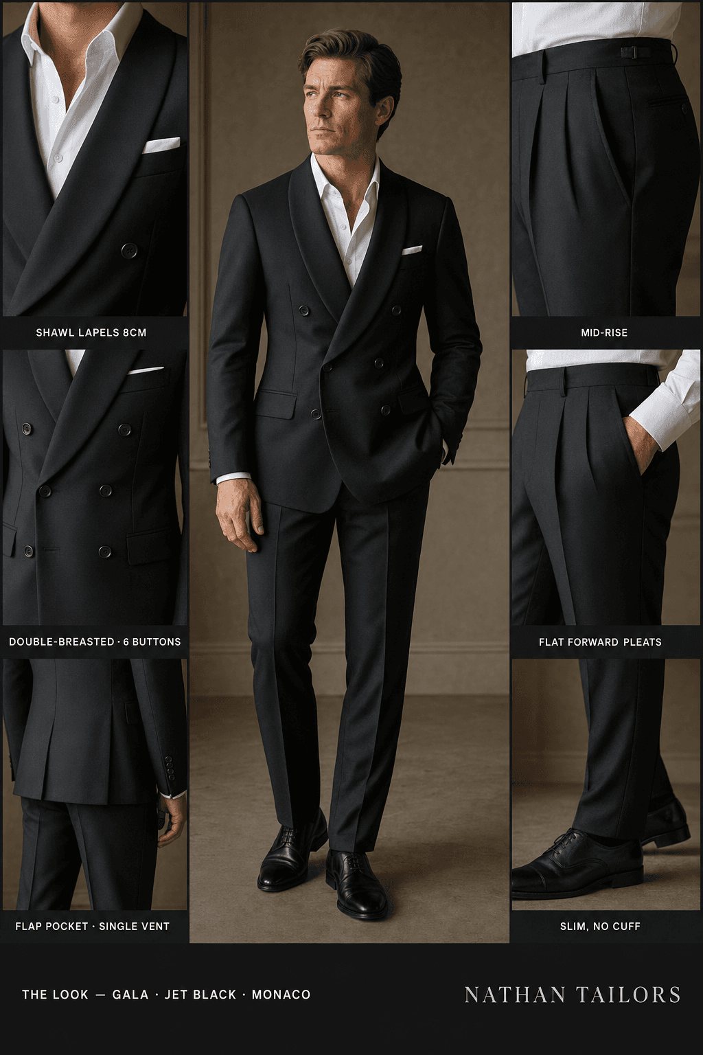 jet black double-breasted shawl-lapel online custom suit — designed online at RemoteSuit. Made-to-measure online custom suit available from $109.