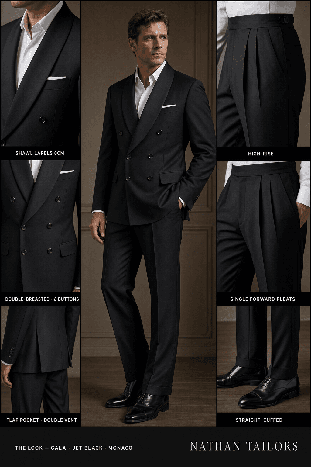 jet black double-breasted shawl-lapel online custom suit — designed online at RemoteSuit. Made-to-measure online custom suit available from $109.