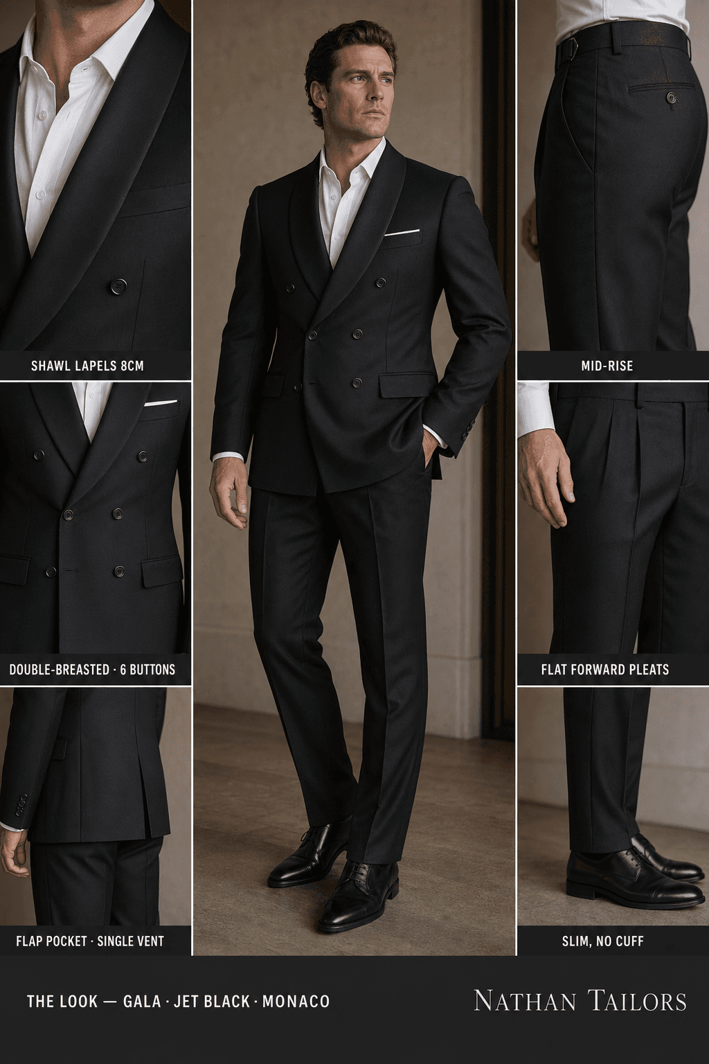 jet black double-breasted shawl-lapel online custom suit — designed online at RemoteSuit. Made-to-measure online custom suit available from $109.