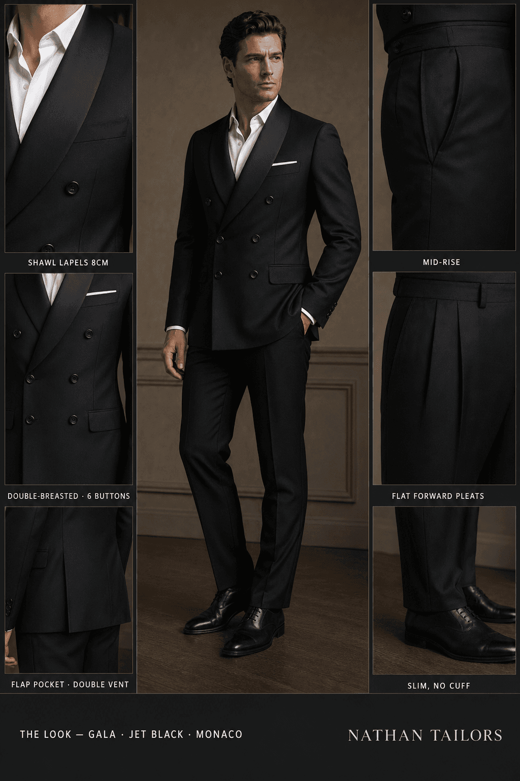 jet black double-breasted shawl-lapel online custom suit — designed online at RemoteSuit. Made-to-measure online custom suit available from $109.