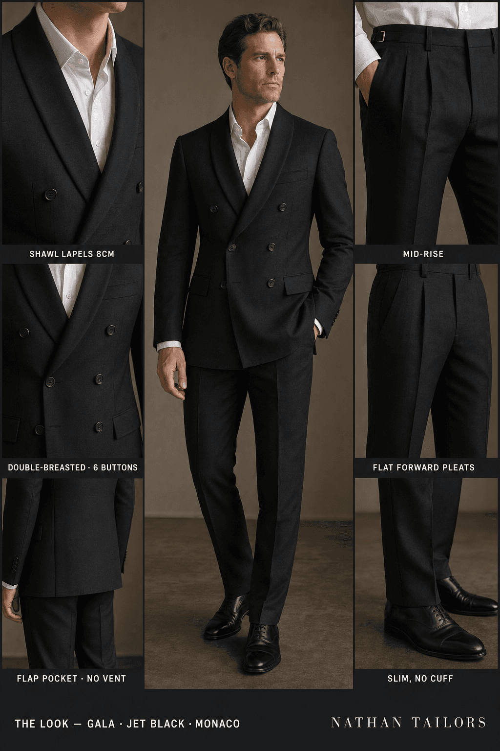jet black double-breasted shawl-lapel online custom suit — designed online at RemoteSuit. Made-to-measure online custom suit available from $109.