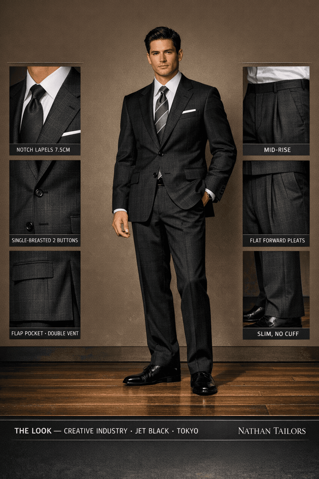 jet black glen plaid single-breasted notch-lapel online custom suit — designed online at RemoteSuit. Made-to-measure online custom suit available from $109.