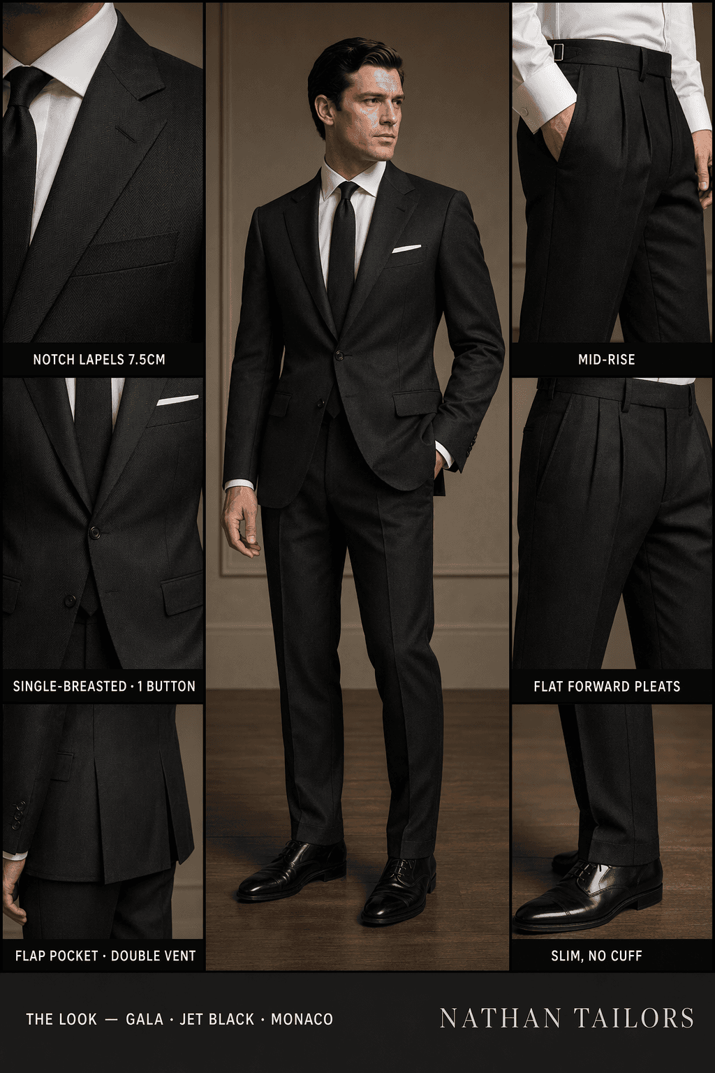 jet black herringbone single-breasted notch-lapel online custom suit — designed online at RemoteSuit. Made-to-measure online custom suit available from $109.