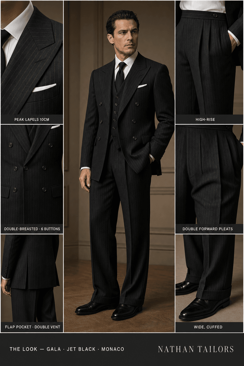 jet black pinstripe double-breasted peak-lapel online custom suit — designed online at RemoteSuit. Made-to-measure online custom suit available from $129.