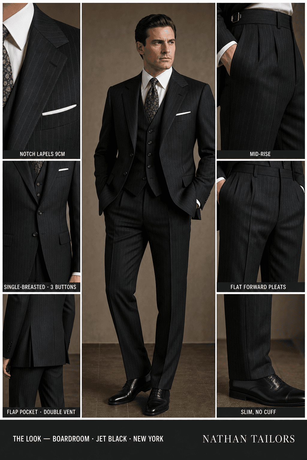 jet black pinstripe single-breasted notch-lapel online custom suit — designed online at RemoteSuit. Made-to-measure online custom suit available from $129.