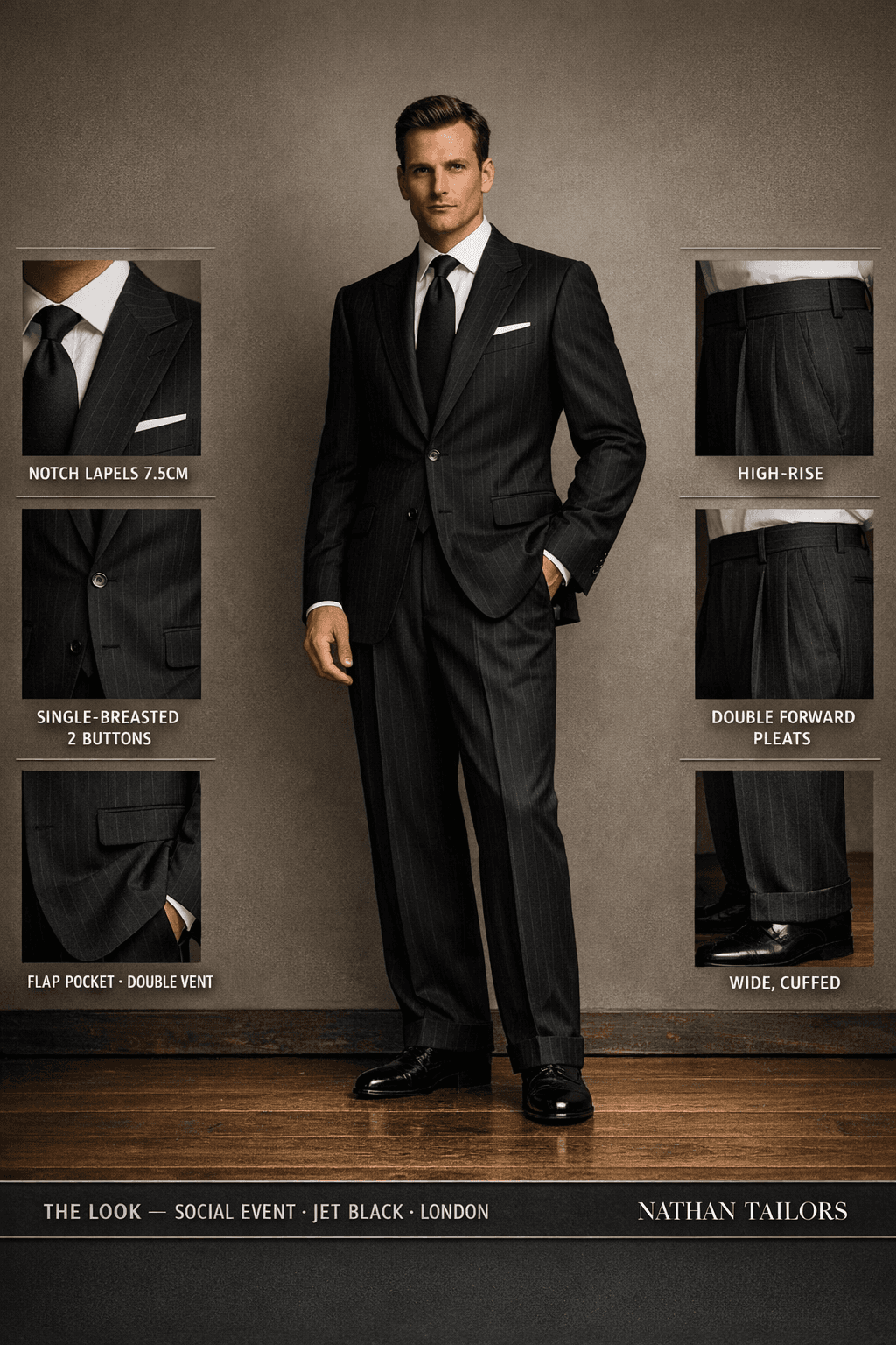 jet black pinstripe single-breasted notch-lapel online custom suit — designed online at RemoteSuit. Made-to-measure online custom suit available from $109.