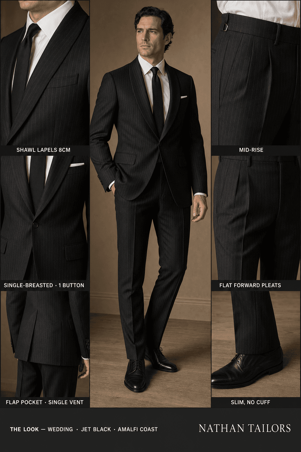 jet black pinstripe single-breasted shawl-lapel online custom suit — designed online at RemoteSuit. Made-to-measure online custom suit available from $109.
