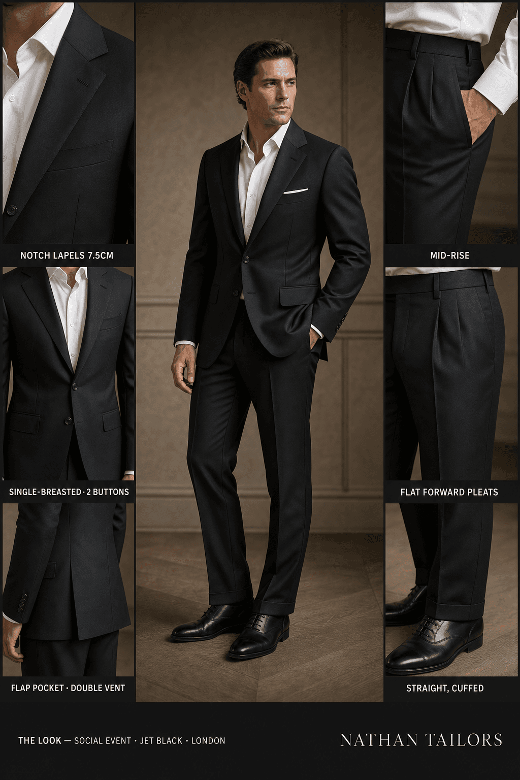 jet black single-breasted notch-lapel online custom suit — designed online at RemoteSuit. Made-to-measure online custom suit available from $109.