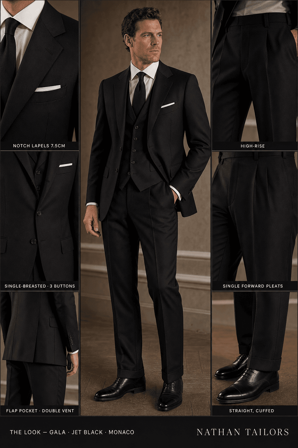 jet black single-breasted notch-lapel online custom suit — designed online at RemoteSuit. Made-to-measure online custom suit available from $109.