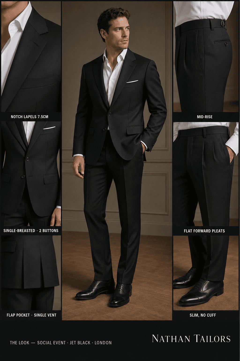 jet black single-breasted notch-lapel online custom suit — designed online at RemoteSuit. Made-to-measure online custom suit available from $109.