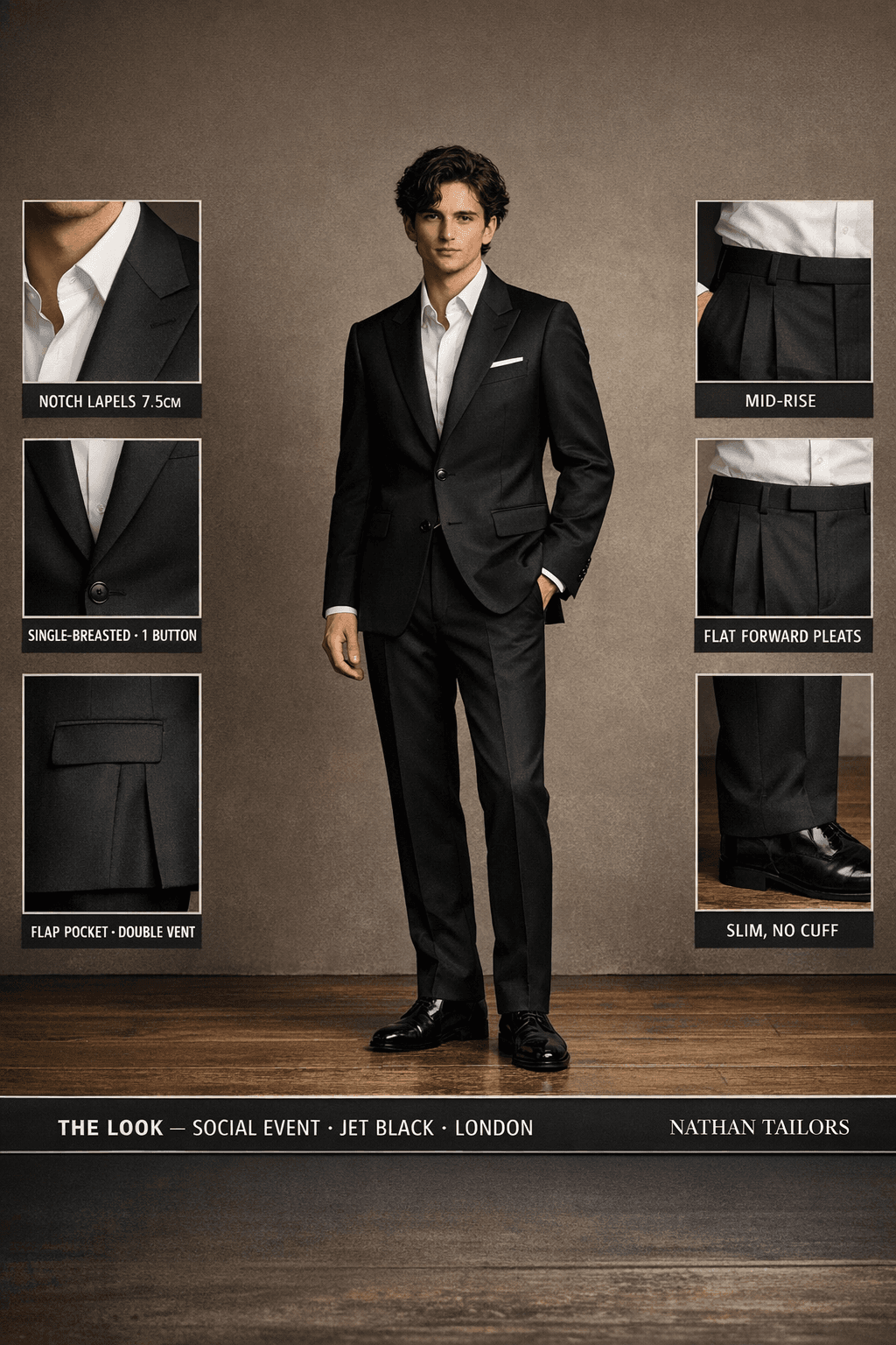 jet black single-breasted notch-lapel online custom suit — designed online at RemoteSuit. Made-to-measure online custom suit available from $109.