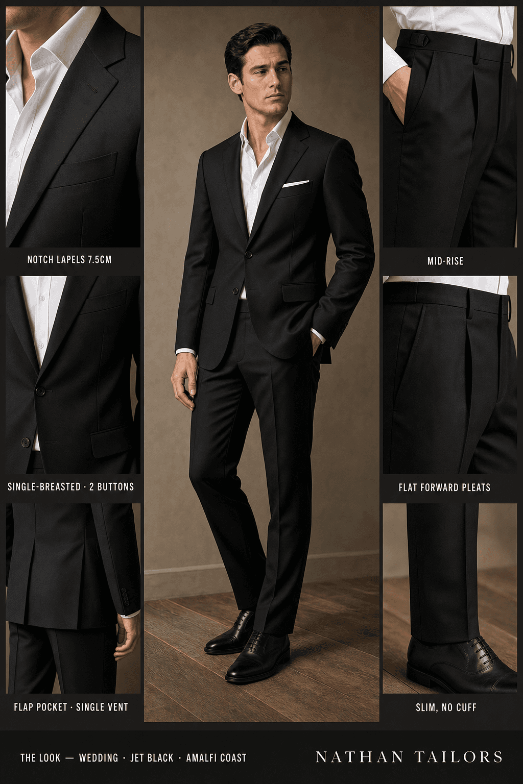 jet black single-breasted notch-lapel online custom suit — designed online at RemoteSuit. Made-to-measure online custom suit available from $109.