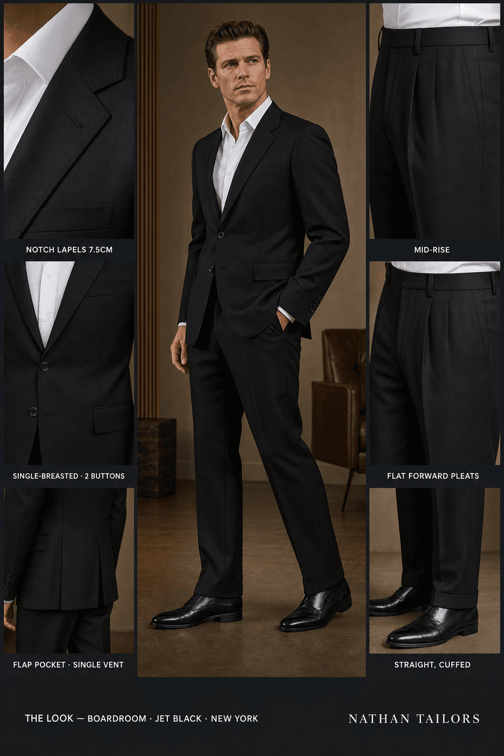 jet black single-breasted notch-lapel online custom suit — designed online at RemoteSuit. Made-to-measure online custom suit available from $109.