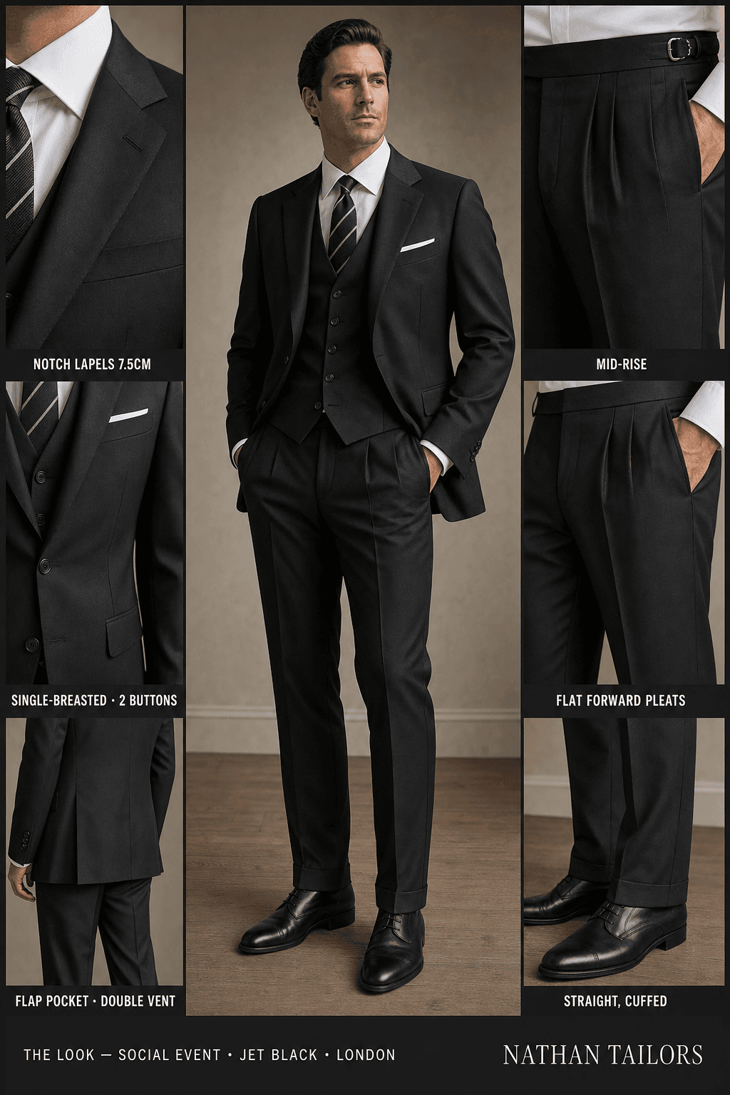 jet black single-breasted notch-lapel online custom suit — designed online at RemoteSuit. Made-to-measure online custom suit available from $109.