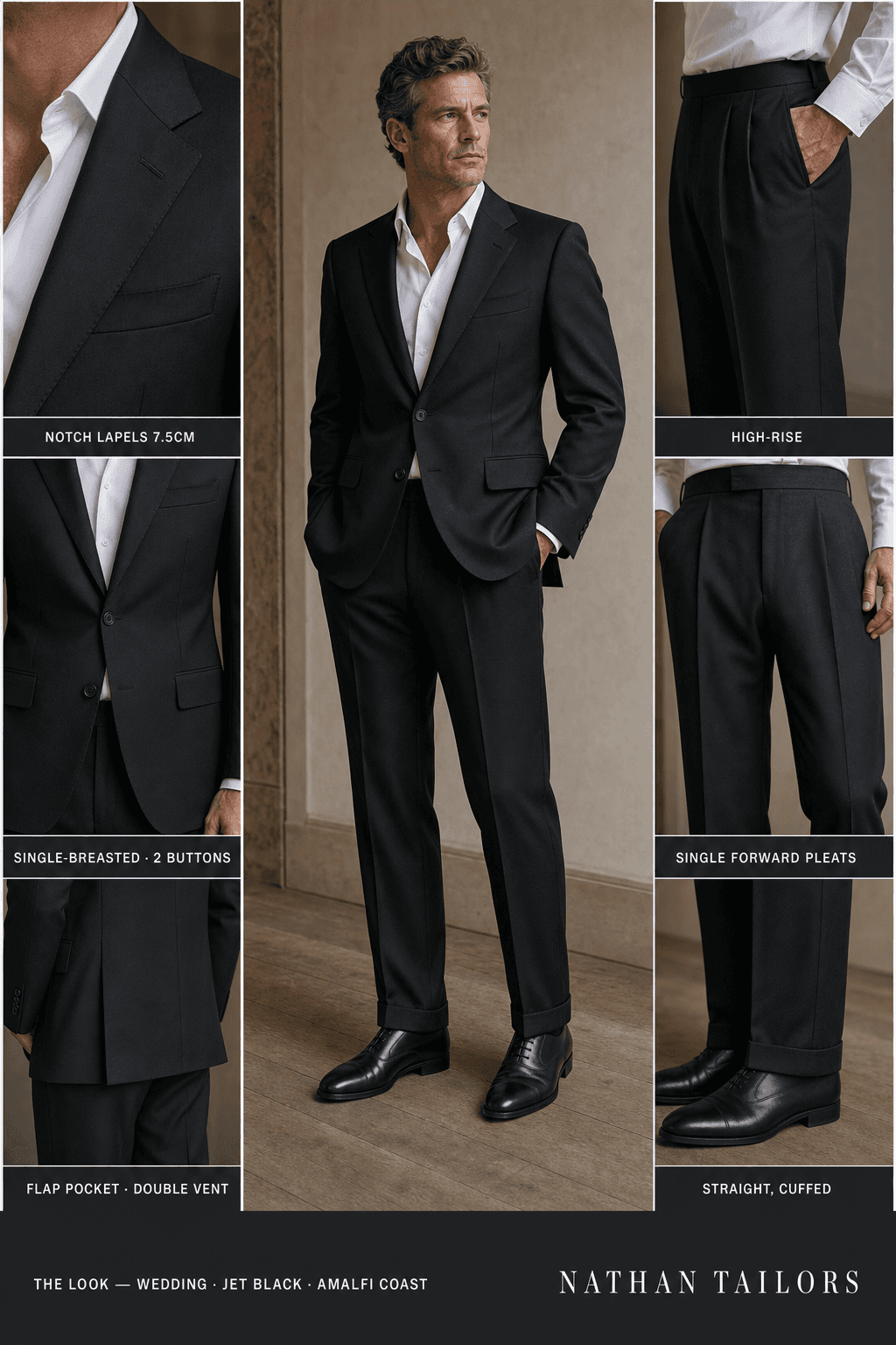 jet black single-breasted notch-lapel online custom suit — designed online at RemoteSuit. Made-to-measure online custom suit available from $109.