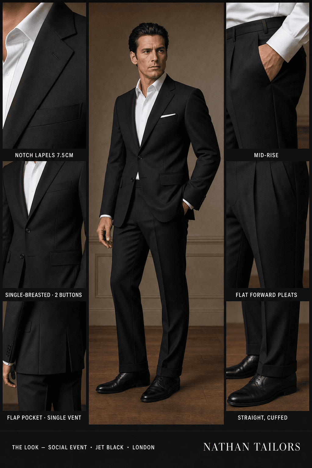 jet black single-breasted notch-lapel online custom suit — designed online at RemoteSuit. Made-to-measure online custom suit available from $109.