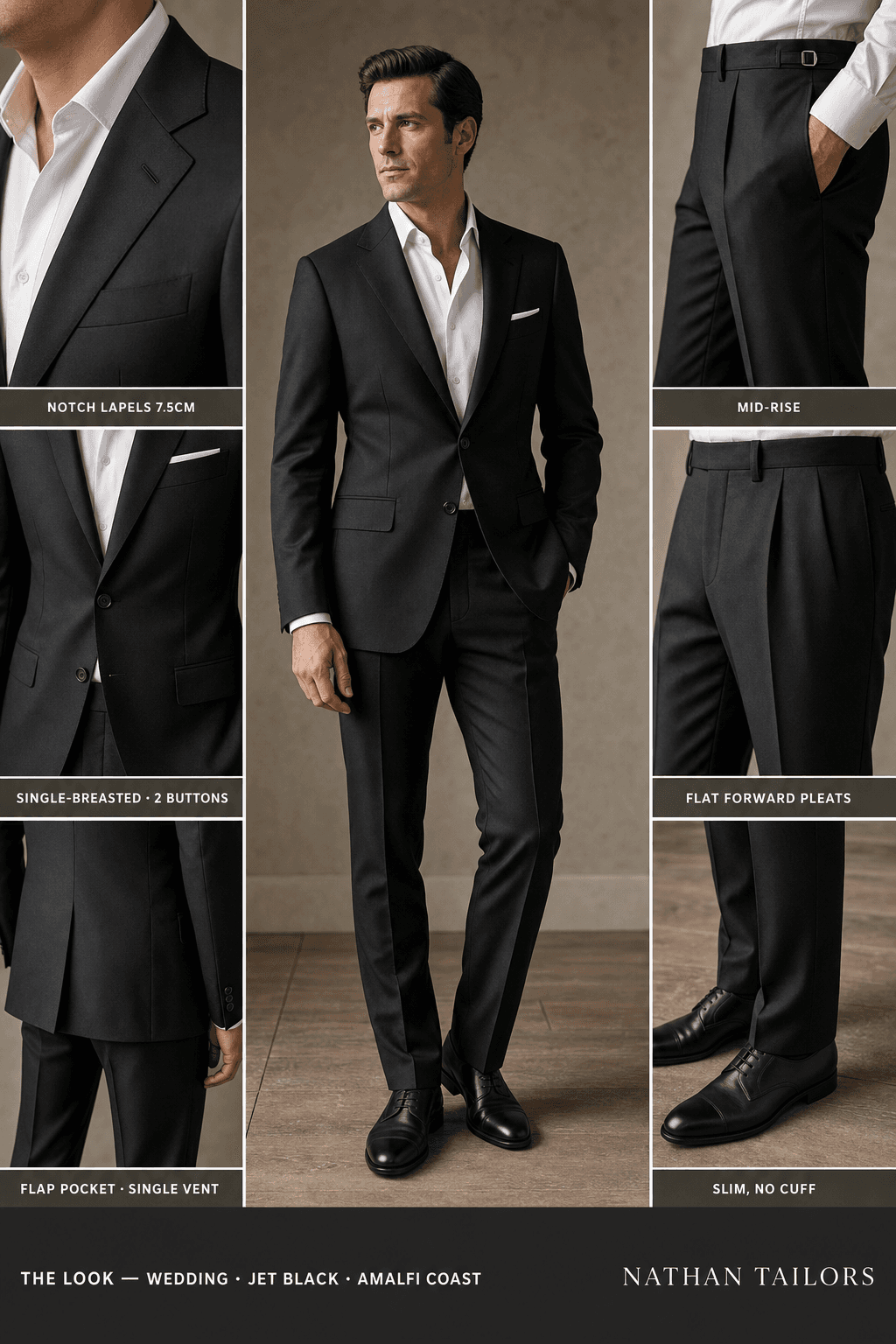 jet black single-breasted notch-lapel online custom suit — designed online at RemoteSuit. Made-to-measure online custom suit available from $109.
