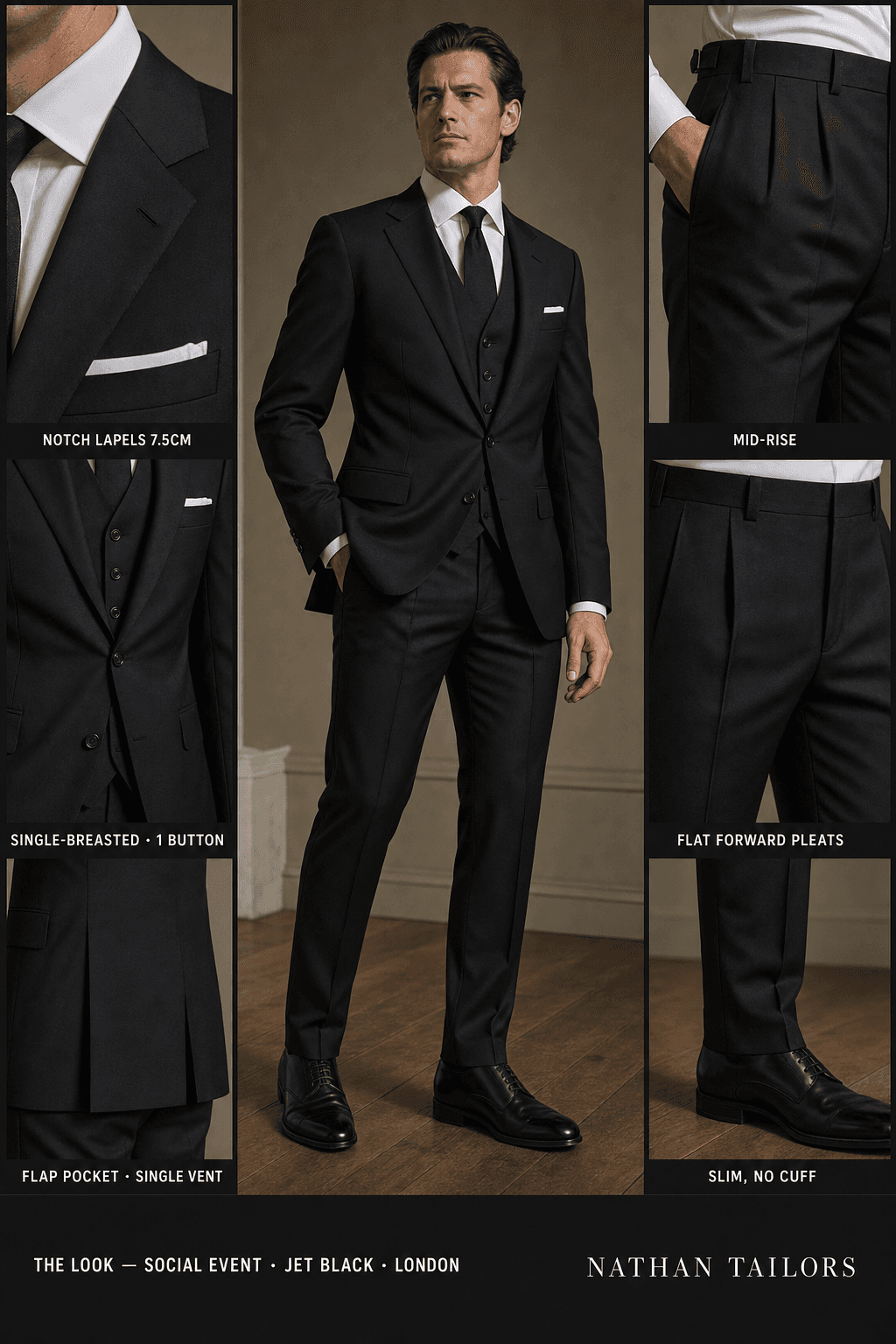 jet black single-breasted notch-lapel online custom suit — designed online at RemoteSuit. Made-to-measure online custom suit available from $109.