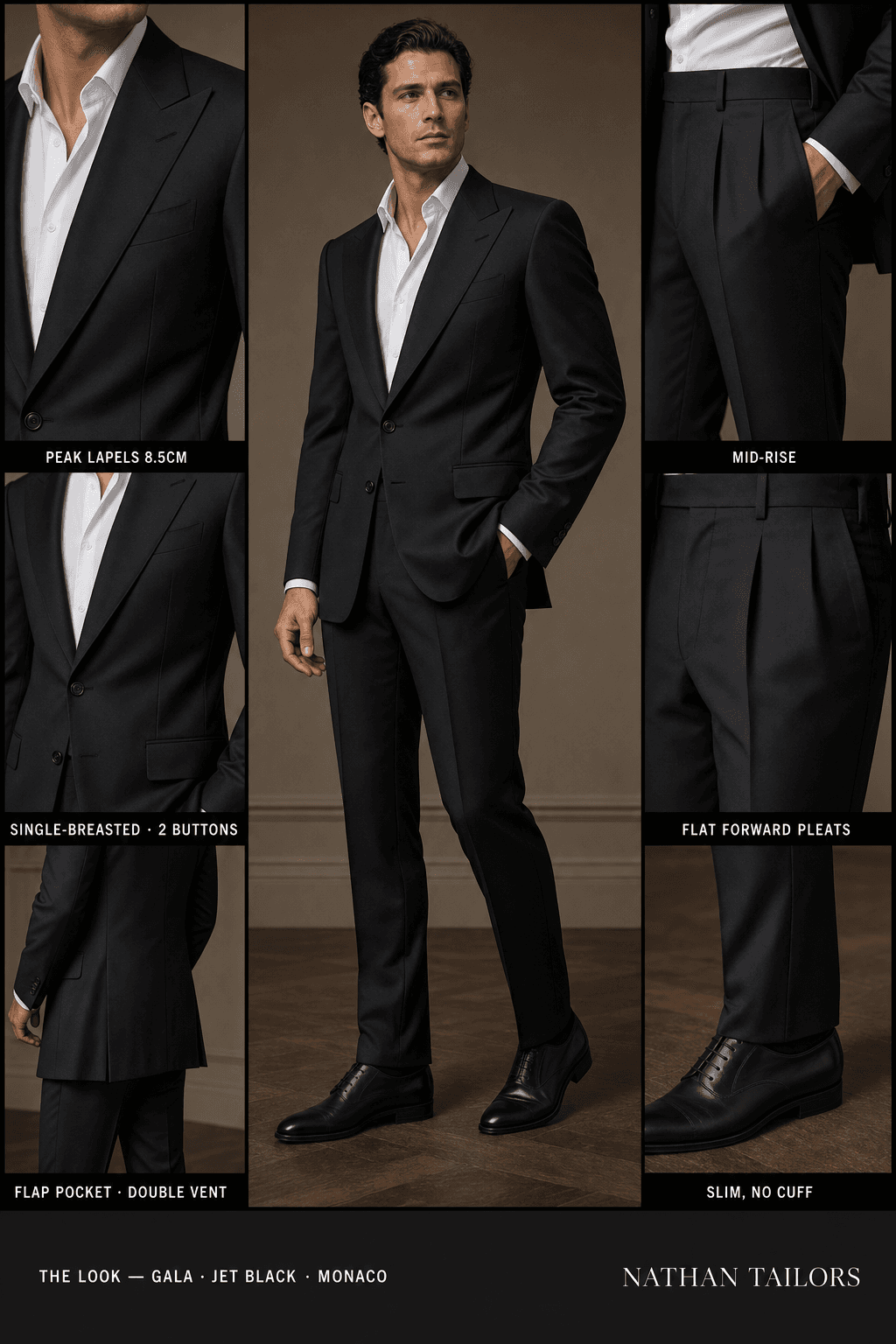 jet black single-breasted peak-lapel online custom suit — designed online at RemoteSuit. Made-to-measure online custom suit available from $109.