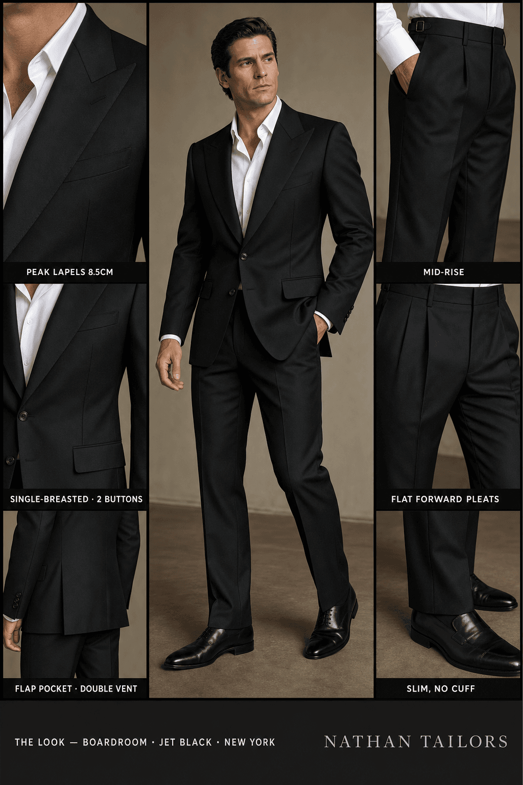 jet black single-breasted peak-lapel online custom suit — designed online at RemoteSuit. Made-to-measure online custom suit available from $109.