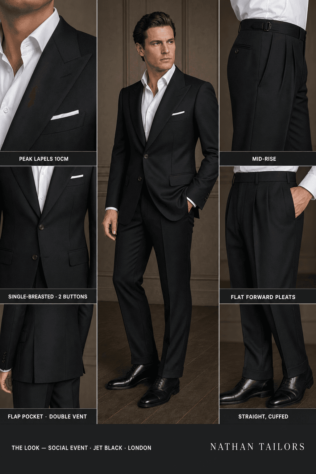 jet black single-breasted peak-lapel online custom suit — designed online at RemoteSuit. Made-to-measure online custom suit available from $109.
