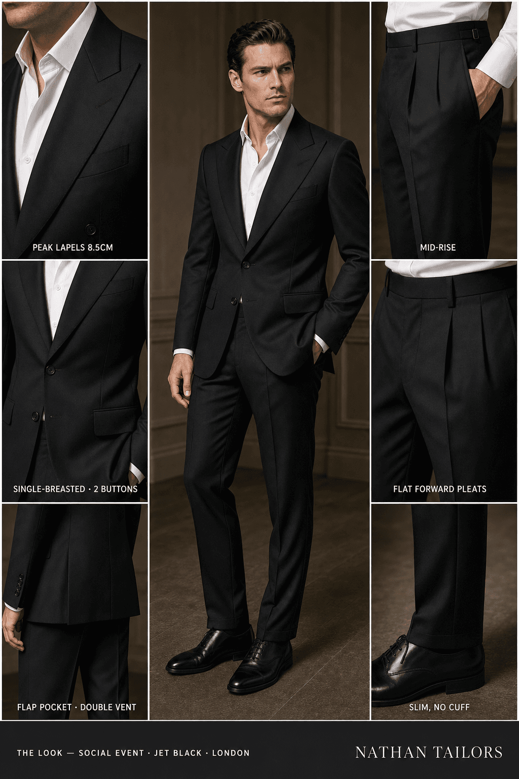 jet black single-breasted peak-lapel online custom suit — designed online at RemoteSuit. Made-to-measure online custom suit available from $109.