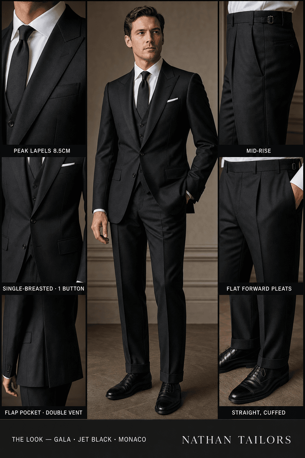 jet black single-breasted peak-lapel online custom suit — designed online at RemoteSuit. Made-to-measure online custom suit available from $109.