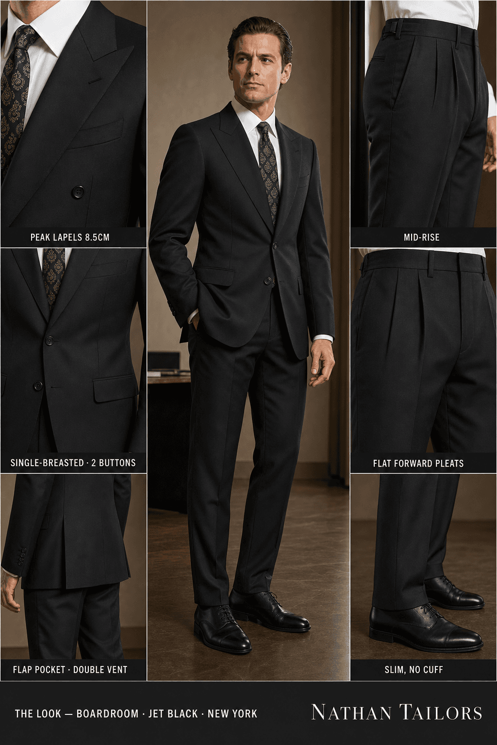 jet black single-breasted peak-lapel online custom suit — designed online at RemoteSuit. Made-to-measure online custom suit available from $109.