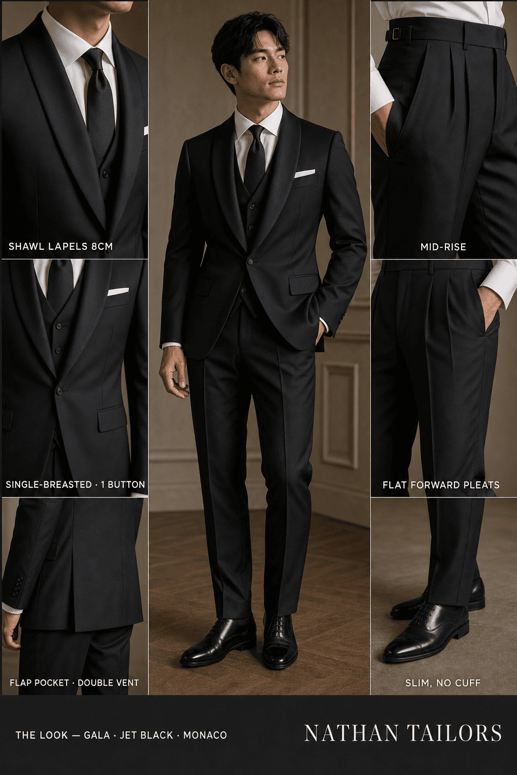 jet black single-breasted shawl-lapel online custom suit — designed online at RemoteSuit. Made-to-measure online custom suit available from $109.