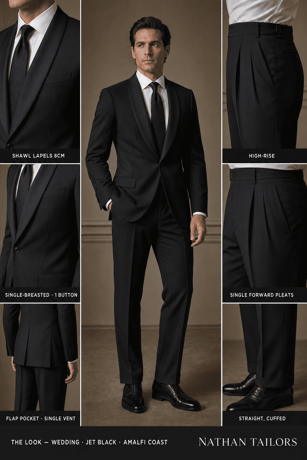 jet black single-breasted shawl-lapel online custom suit — designed online at RemoteSuit. Made-to-measure online custom suit available from $109.