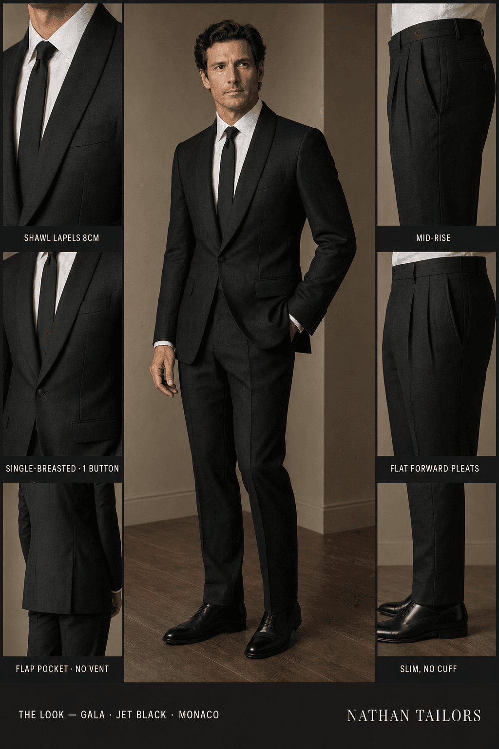 jet black single-breasted shawl-lapel online custom suit — designed online at RemoteSuit. Made-to-measure online custom suit available from $109.