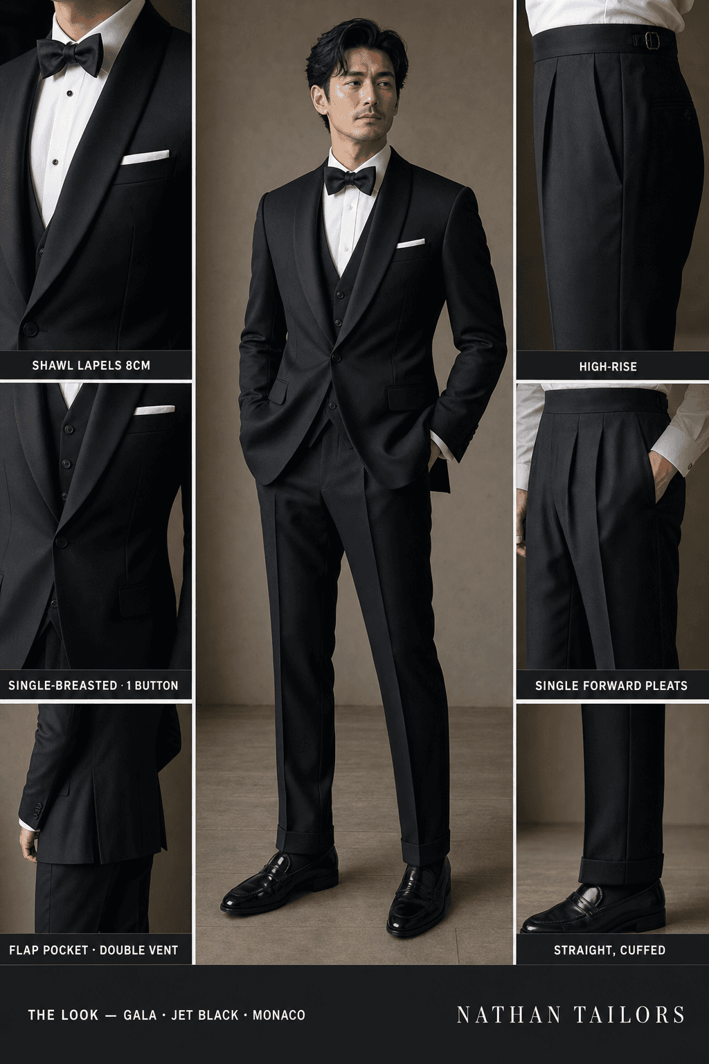 jet black single-breasted shawl-lapel online custom suit — designed online at RemoteSuit. Made-to-measure online custom suit available from $109.