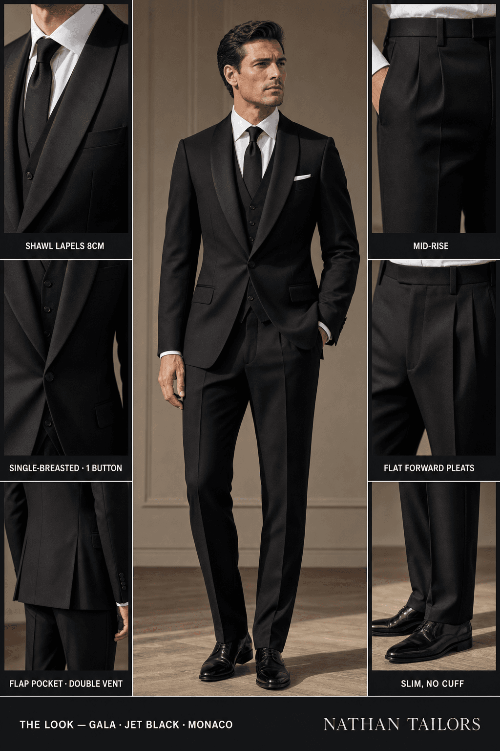 jet black single-breasted shawl-lapel online custom suit — designed online at RemoteSuit. Made-to-measure online custom suit available from $109.