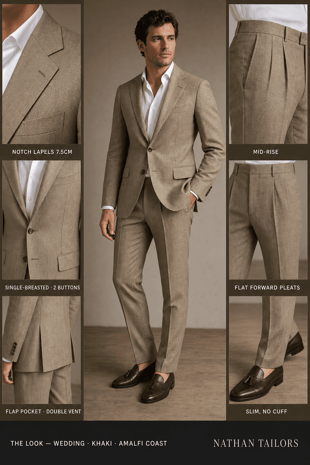 khaki herringbone single-breasted notch-lapel online custom suit — designed online at RemoteSuit. Made-to-measure online custom suit available from $109.