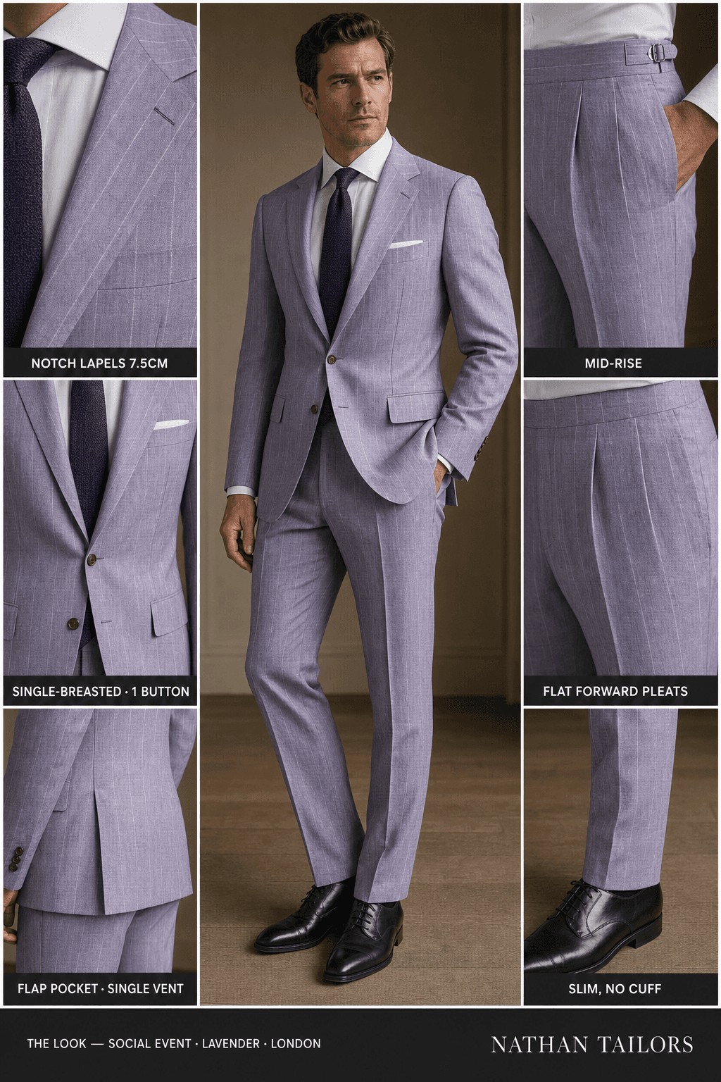 lavender pinstripe single-breasted notch-lapel online custom suit — designed online at RemoteSuit. Made-to-measure online custom suit available from $109.