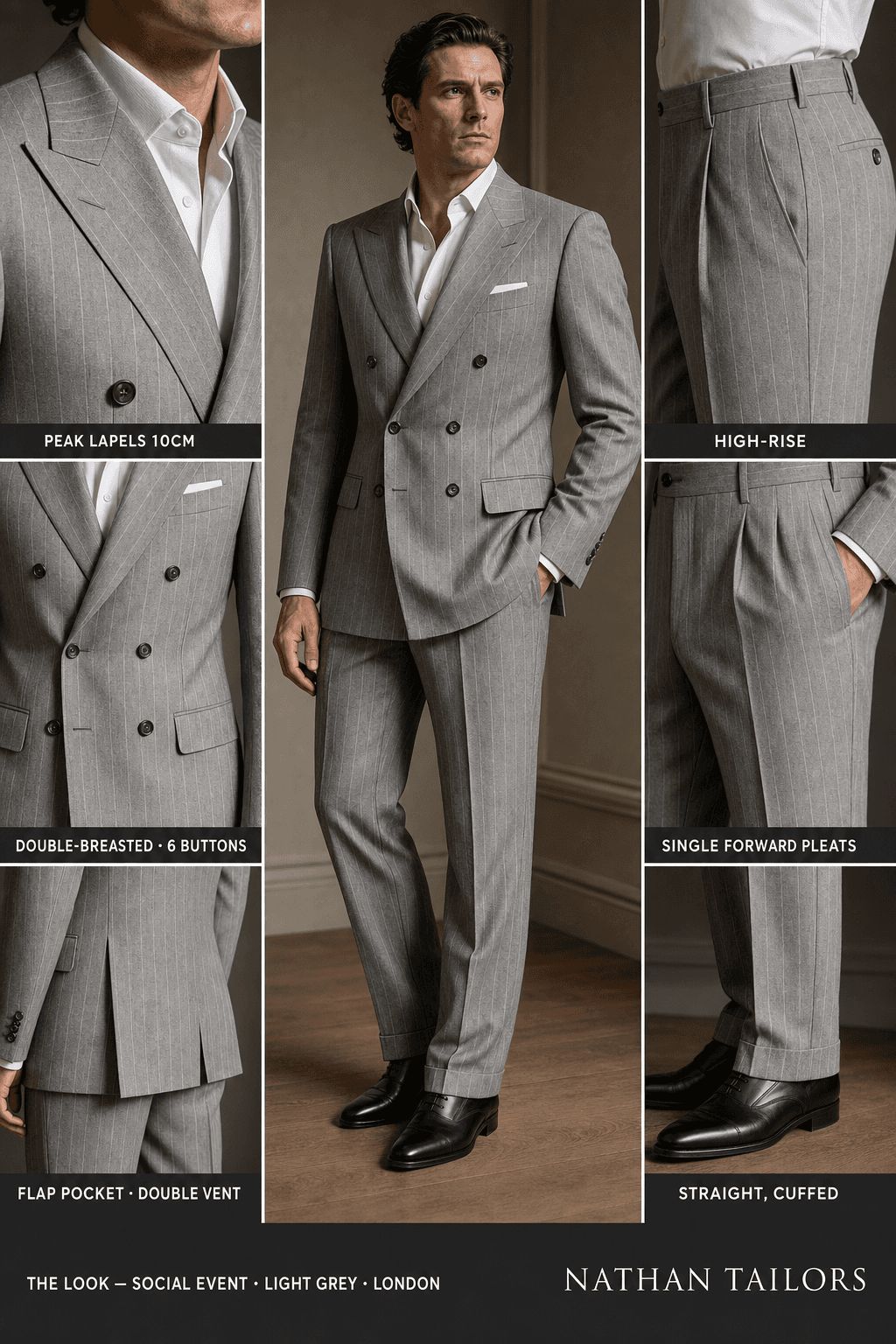 light grey chalk stripe double-breasted peak-lapel online custom suit — designed online at RemoteSuit. Made-to-measure online custom suit available from $109.