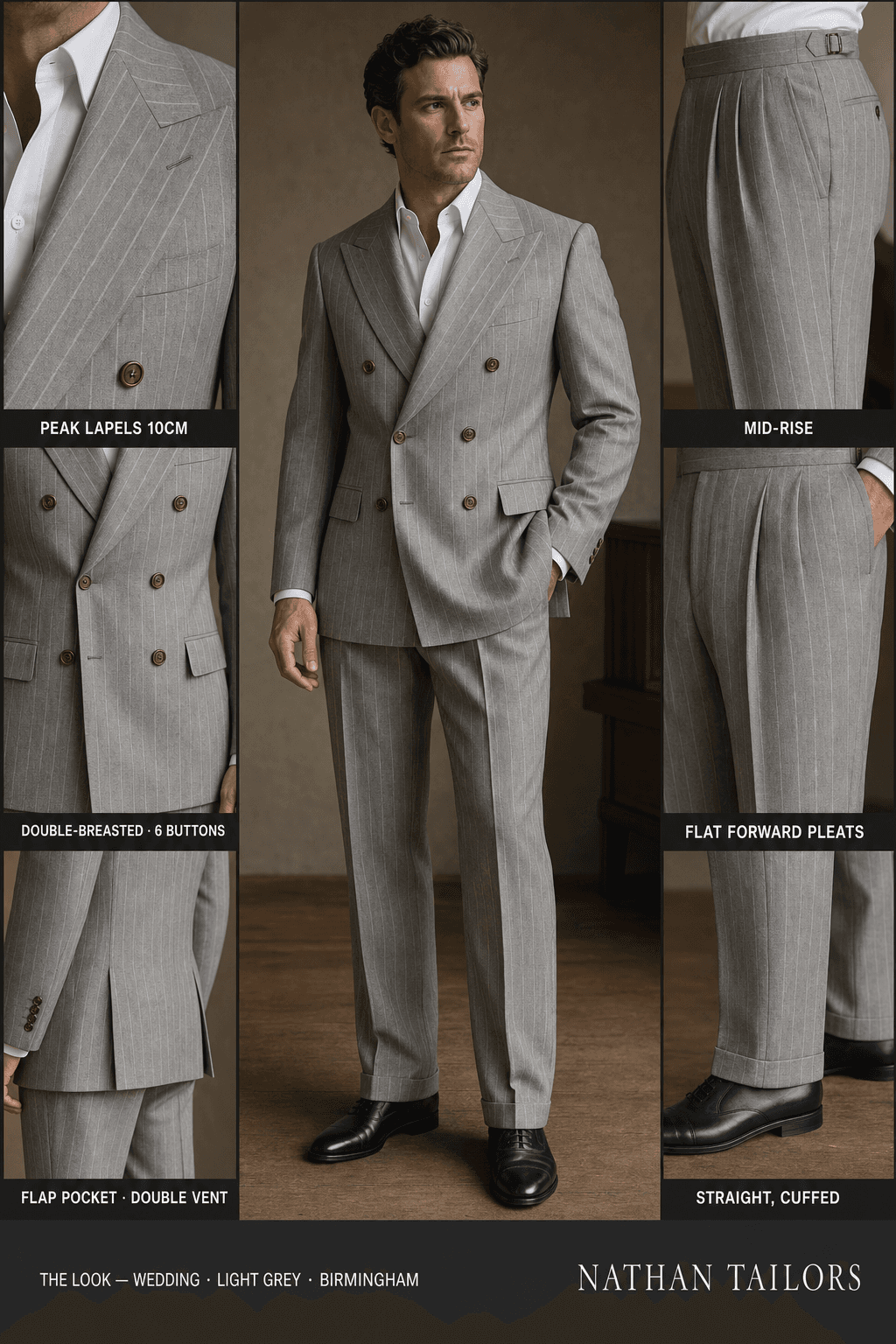 light grey chalk stripe double-breasted peak-lapel online custom suit — designed online at RemoteSuit. Made-to-measure online custom suit available from $109.