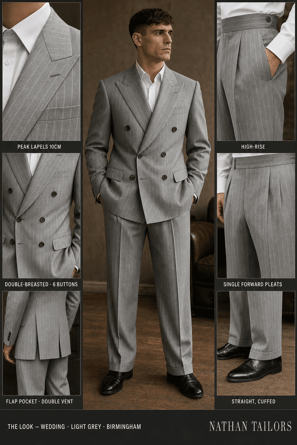 light grey chalk stripe double-breasted peak-lapel online custom suit — designed online at RemoteSuit. Made-to-measure online custom suit available from $109.